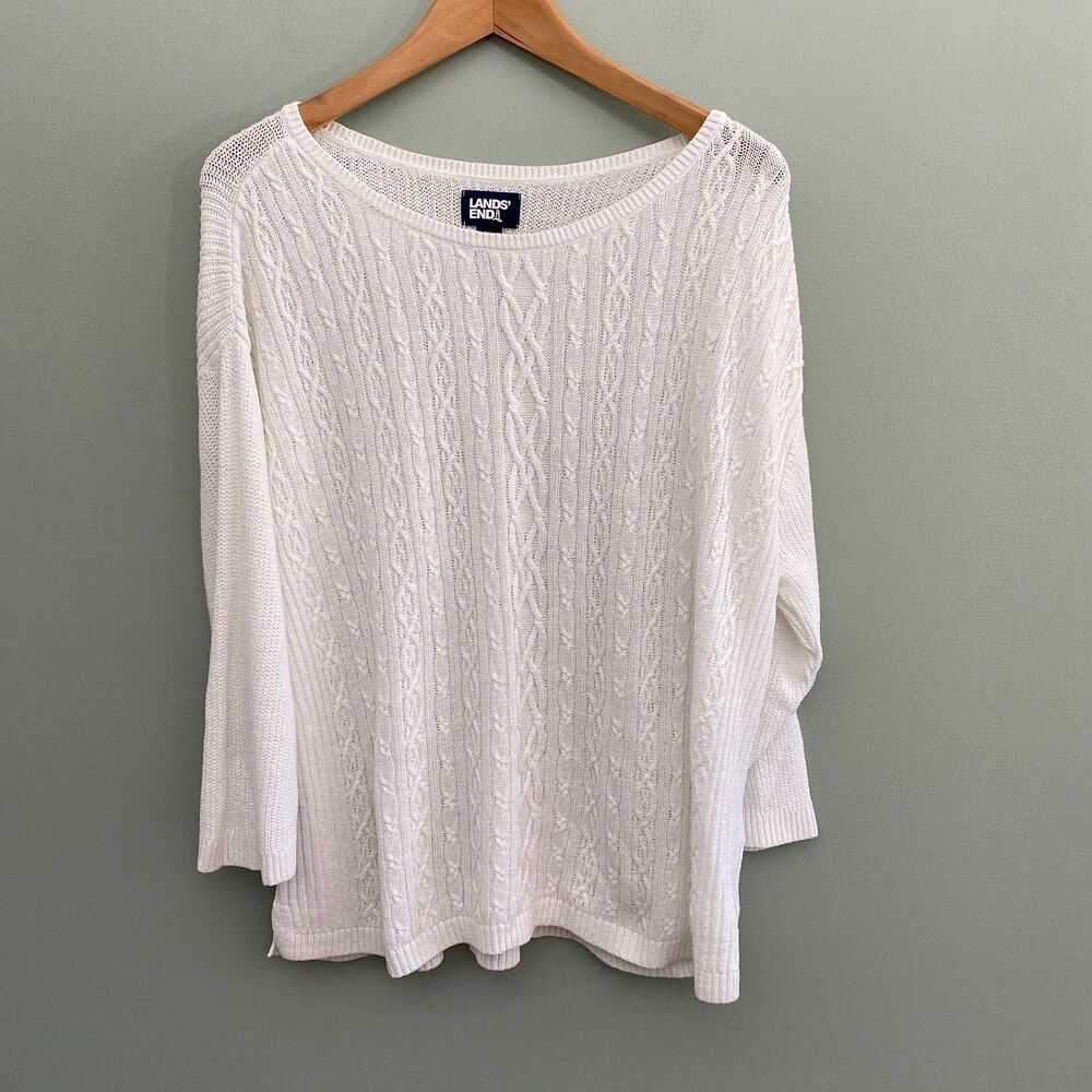Lands End Cable Knit Sweater Womens XL White Linen Cotton Lightweight Minimalist